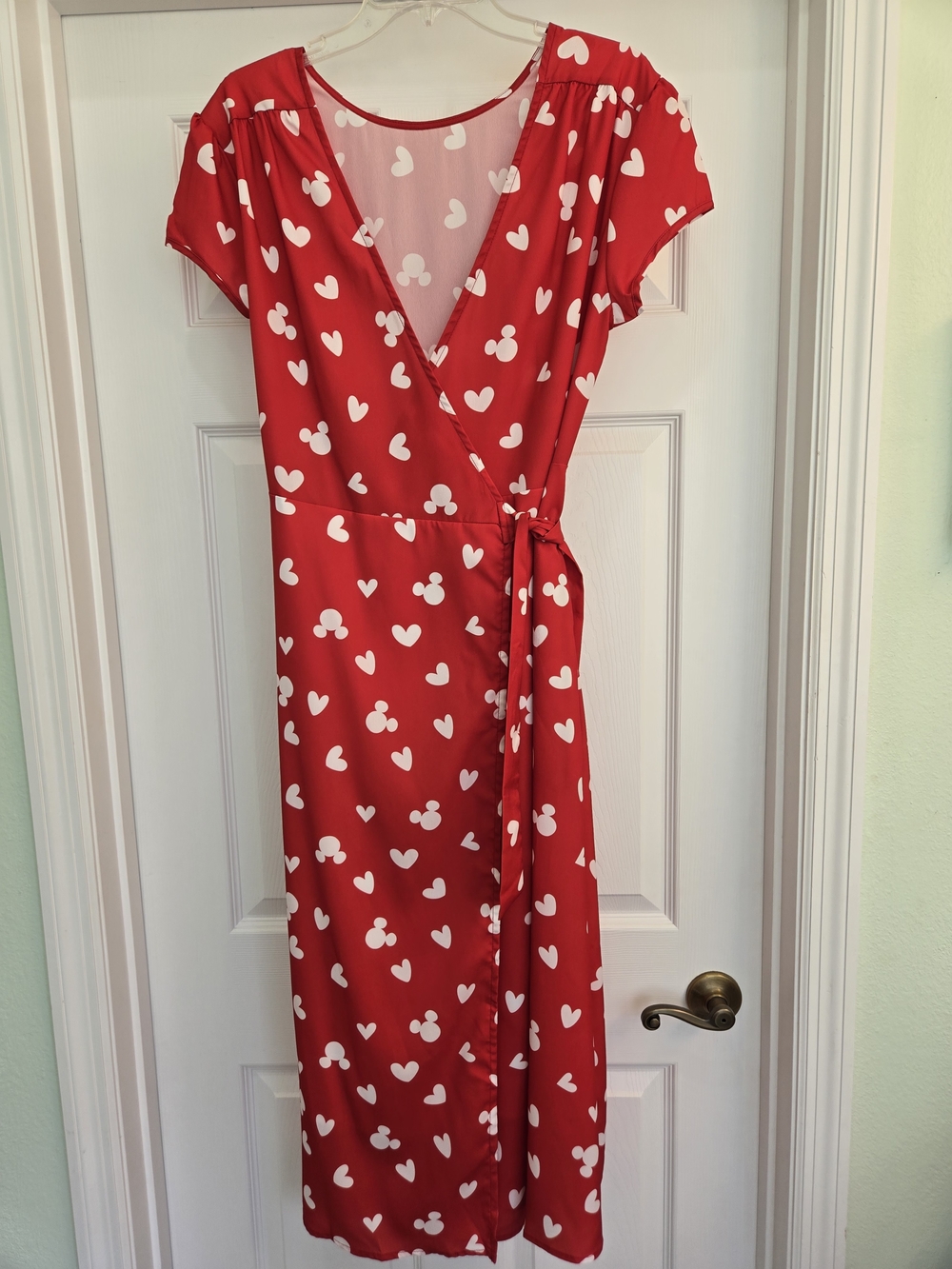 NWT PatPat Disney Ears Red Wrap Midi Dress White Heart Mickey Minnie Print